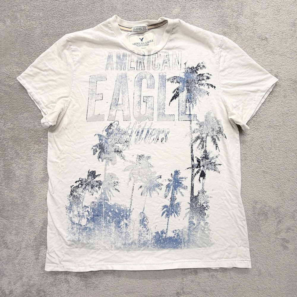American Eagle Shirt Mens XL White Palm Tree Graphic Crewneck Cotton Tee